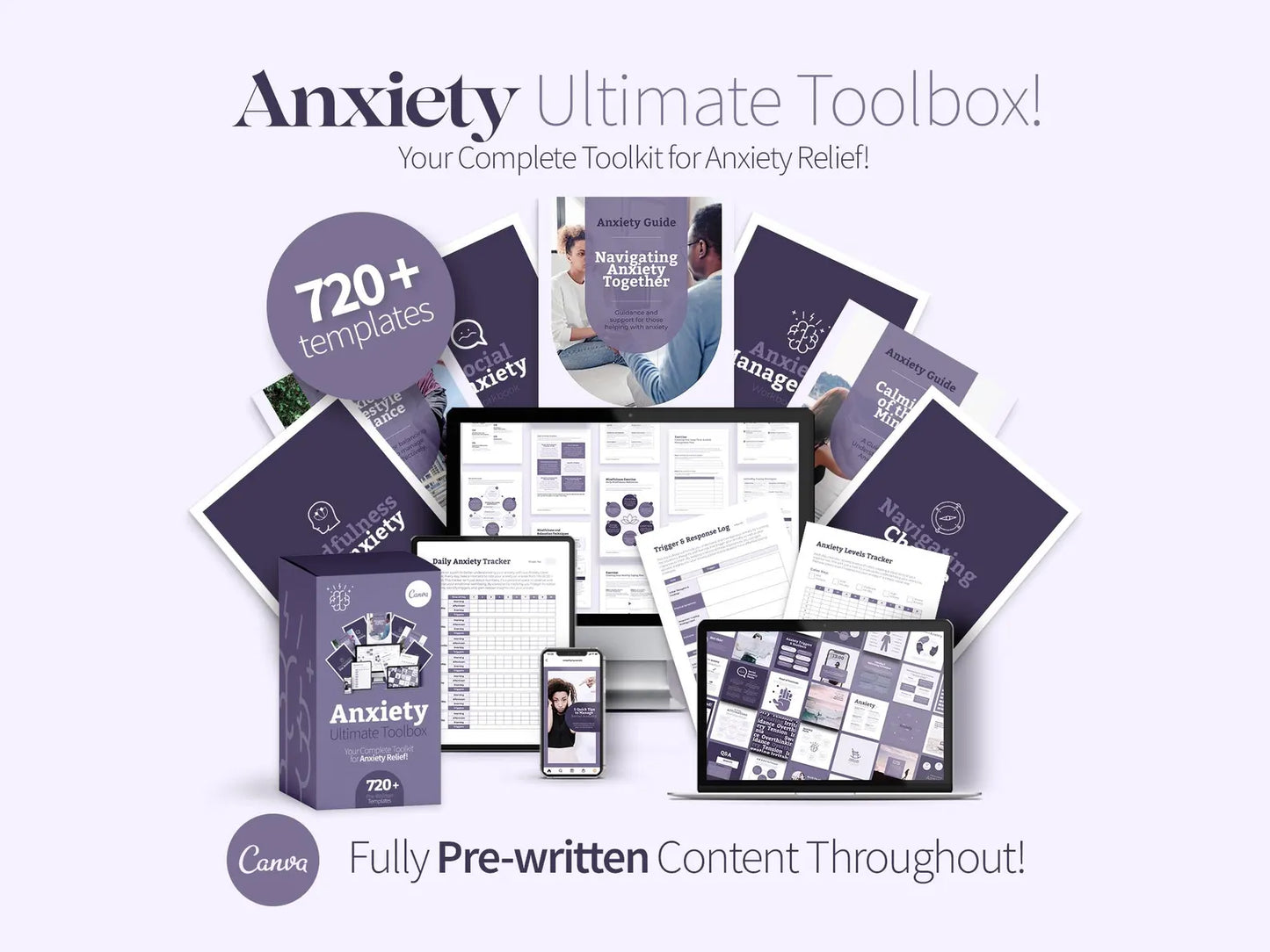 Anxiety management toolbox, Canva template for anxiety relief, anxiety journal, therapy worksheets, mental health, self-care planner & tracker
